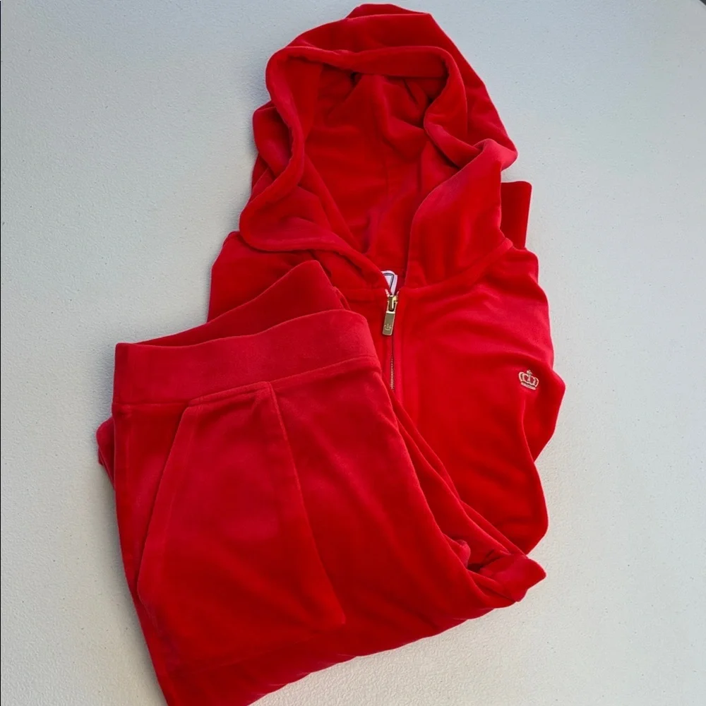 Juicy Couture SET Red Velour Zip Up Jacket Flare Pants Glittering Crown S Y2K - Picture 4 of 13